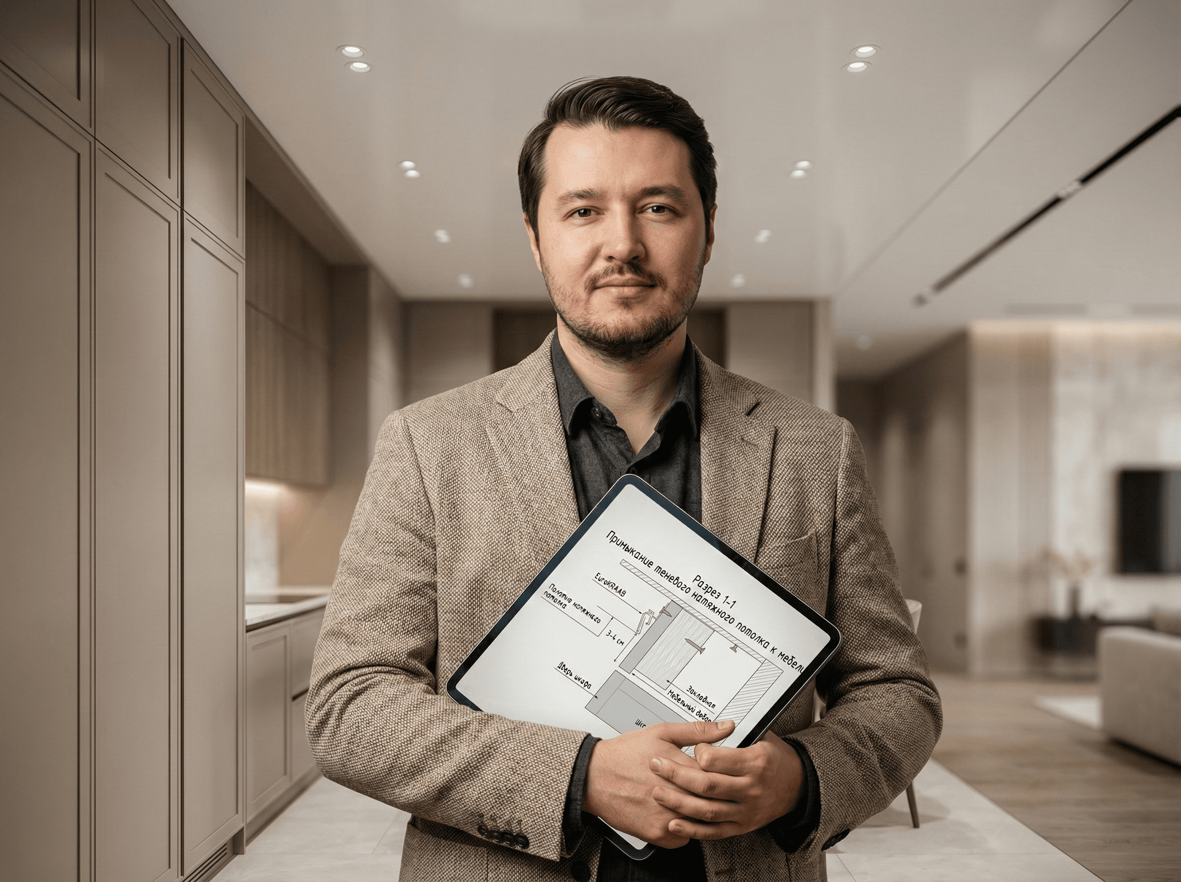 Роман Аникин на объекте с проектом потолка